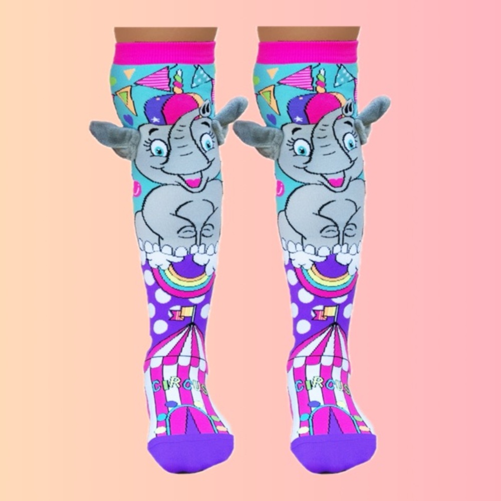 Colorful Circus Elephant 3D Knee-High Kids Adult Crazy Socks Purple Pink NWT